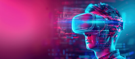 Poster - A man is wearing a virtual reality headset and looking at a computer screen. The image is a colorful and abstract representation of a virtual world. Scene is futuristic and exciting