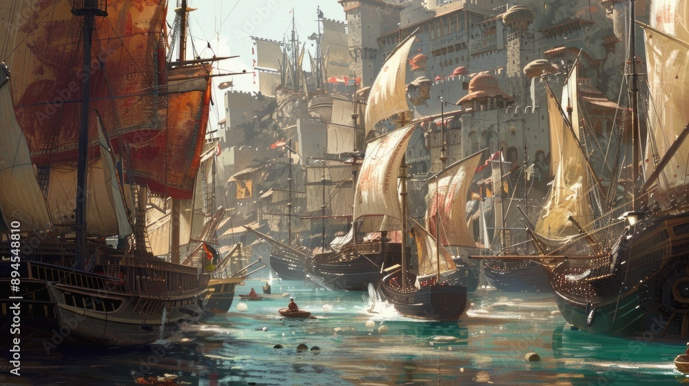 A vibrant historical port city comes to life, with colorful sailing ...