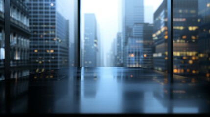 Poster - A blurry view of a cityscape through an office window.