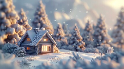 Wall Mural - A small house in the snow with a lit window, AI