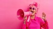 © cvetikmart - Energetic elderly woman with pink hair enthusiastically shouting through a pink megaphone against a vibrant pink background. Screaming in megaphone. Business announcement or communication concept