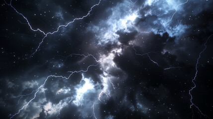 Poster - Lightning in dark blue night clouds, thunderstorm background