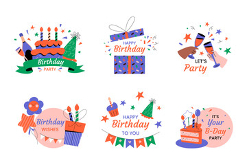 Sticker - Hand drawn flat birthday celebration labels set collection