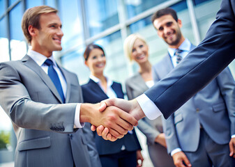 Close up. Two corporate businessman shaking hands during meeting in office