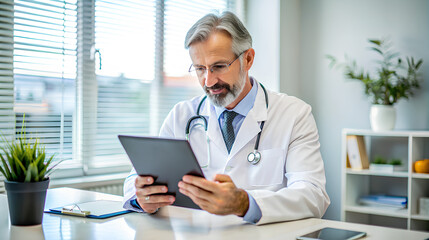 Wall Mural - Doctor use tablet at doctor's office, recording patient's illness. Healthcare and medicine concept