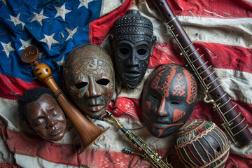 traditional masks and musical instruments from various cultures on american flag. cultural diversity