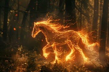 Canvas Print - Digital illustration of a horse made of flames galloping in a magical woodland setting