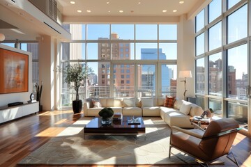 Canvas Print - a living room with a large window overlooking the city