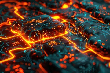 Poster - This image showcases a close-up view of a futuristic, glowing circuit board. The primary colors are black, orange, and blue, with vibrant, neon-like lines and patterns running across the surface.