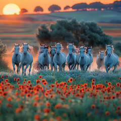 Wild horses herd at sunset