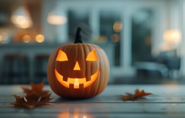 Poster - Lit Jack-O-Lantern on Table