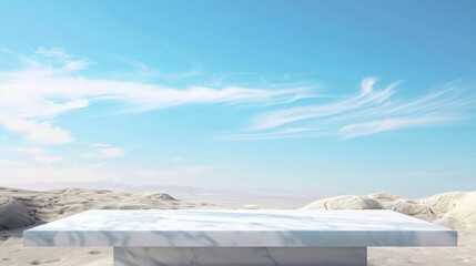 Poster - A marble platform sits atop a desert landscape under a blue sky with white clouds.