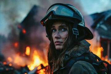 Wall Mural - Close up of a determined female firefighter with a fiery backdrop