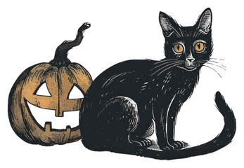 Poster - PNG  Halloween cat pumpkin illustration