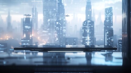 Poster - A futuristic cityscape is seen through a window, with a sleek, black platform hovering in the foreground.