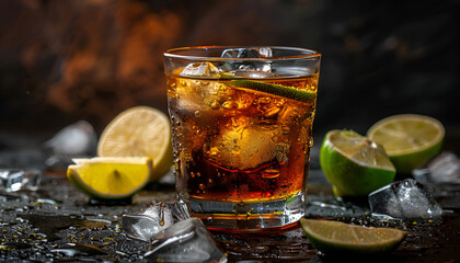 Wall Mural - Alcoholic cocktail rum cola with ice, lime, lemon, cola and white rum, dark background