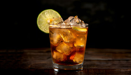 Wall Mural - Alcoholic cocktail rum cola with ice, lime, lemon, cola and white rum, dark background