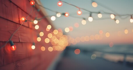 Poster - String Lights On Red Building At Dusk