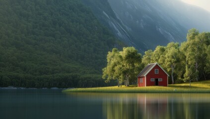 Wall Mural - Red Cabin on Foggy Lake