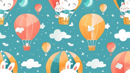 Sticker - A seamless pattern of cute bunnies in hot air balloons, with white clouds and stars on a blue background.