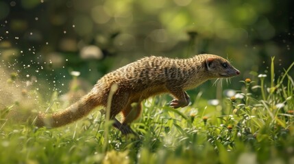 Mongoose Dashing Through Grassy Field in Sunlight Wildlife Photography for Nature Posters