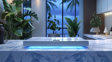 Modern kitchen interior with marble countertop, LED lighting, and tropical plants, overlooking a blue night sky through large windows.