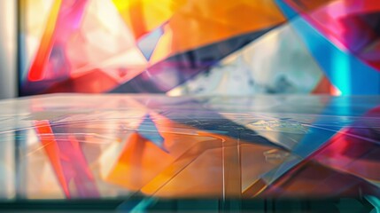 Aufkleber - A close-up of a glass surface reflecting brightly colored shapes, creating a vibrant and abstract image.