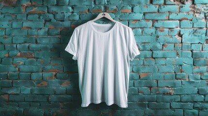 Wall Mural - Blank White T-shirt on a Teal Brick Wall