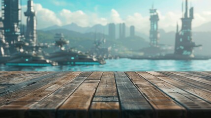 Poster - A wooden dock extends over blue water, with a futuristic city skyline in the background.