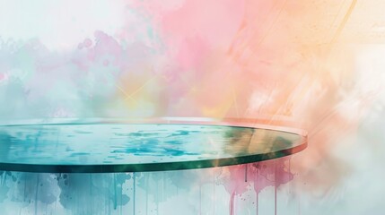 Aufkleber - A round glass tabletop sits on a watercolor background of pink, blue, and yellow.