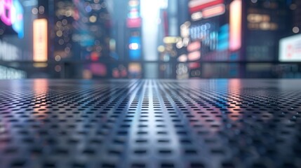 Poster - A close-up of a metal platform with a blurred cityscape in the background. The city lights reflect on the surface of the platform.