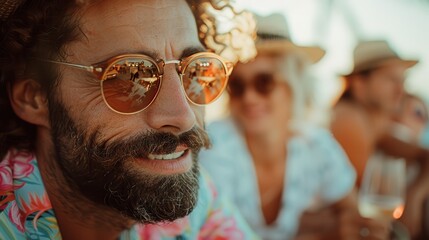 A vibrant image of an outdoor summer gathering with friends enjoying drinks, wearing casual attire and hats, creating a lively and joyous atmosphere under the sunny sky.