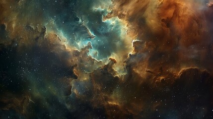 A surreal depiction of nebula clouds in space, with an ethereal and dreamlike atmosphere. The colors include dark blues, deep greens, and hints of warm oranges and yellows. A close-up shot focuses on 
