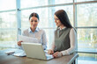 © Bojan - Two young businesswomen discussing investment project while working on laptop and planning strategy.