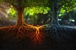 © Hafiz - Two different colored trees with intertwining roots, unseen connections concept, with copy space