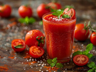 Poster - Freshly Made Tomato Juice With Basil and Salt on a Rustic Table