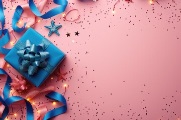 Wall Mural - Seasonal Background with Ribboned Gift Box and Glowing Stars