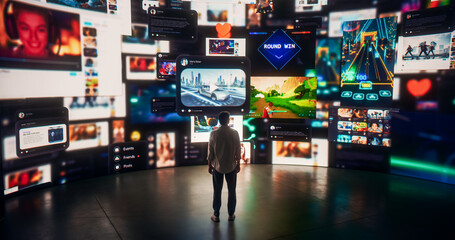 Back View Of Caucasian Man Looking at 3D Cyberspace With Animated Social Media Interfaces, Online Video Games, Viral Videos, Internet Content. Visualization Of Male Enthusiast Surfing Computer Network