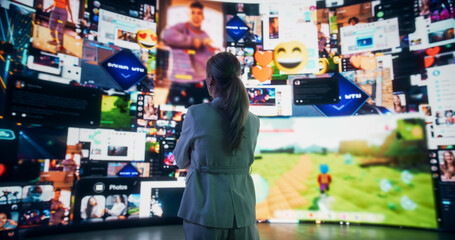 Wall Mural - portrait of caucasian woman looking at animated stream of content. browsing multimedia all in one en