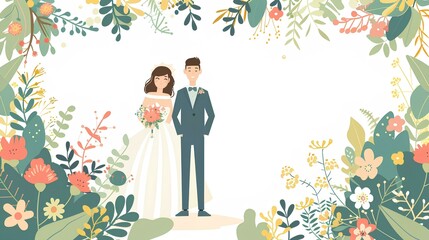 Cute cartoon style wedding invitation design bride and groom standing under an arch of flowers, pastel colors, whimsical atmosphere with an overall tone of romantic love.