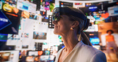 Wall Mural - closeup portrait of caucasian woman wearing augmented reality glasses and surfing animated network o