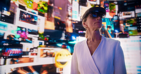 Wall Mural - close-up portrait of caucasian woman wearing augmented reality glasses and surfing cyberspace intern