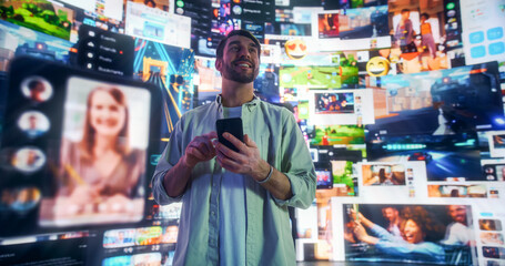 Wall Mural - portrait of caucasian man using smartphone in 3d cyberspace with animated social media interfaces, o
