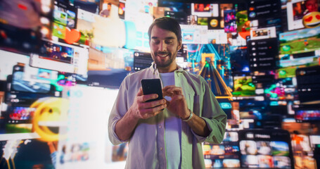 Wall Mural - portrait of caucasian man using smartphone in 3d cyberspace with animated social media interfaces, v