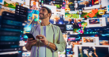 Wall Mural - portrait of caucasian handsome man using smartphone in 3d cyberspace with animated social media inte