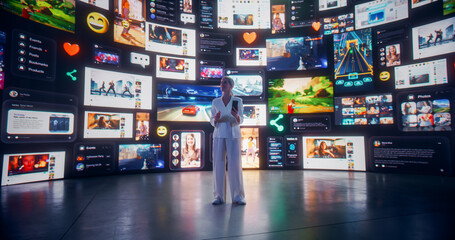 Wall Mural - portrait of caucasian woman connecting via smartphone to virtual network of social media, gaming, vi