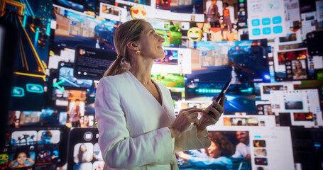 Wall Mural - portrait of caucasian woman using smartphone in 3d cyberspace with animated social media interfaces,