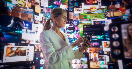 Wall Mural - portrait of caucasian woman using smartphone in 3d cyberspace with animated social media interfaces,