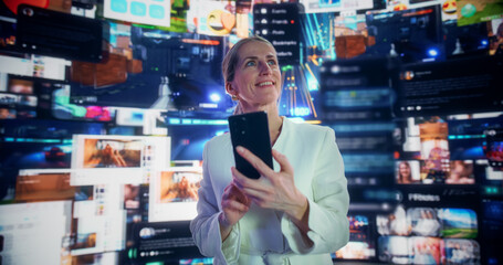 Wall Mural - portrait of caucasian woman using smartphone in 3d cyberspace with animated social media interfaces,