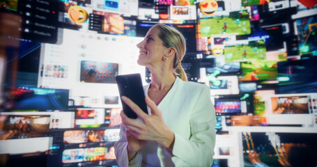 Wall Mural - portrait of caucasian woman using smartphone in 3d cyberspace with animated social media interfaces,
